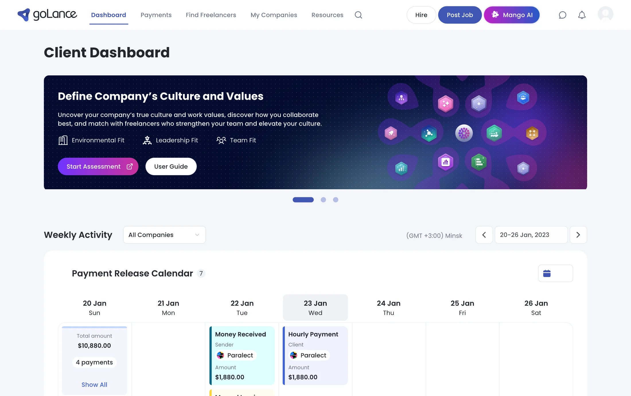 goLance client dashboard, showing the panel that invites a company to define its culture and values
