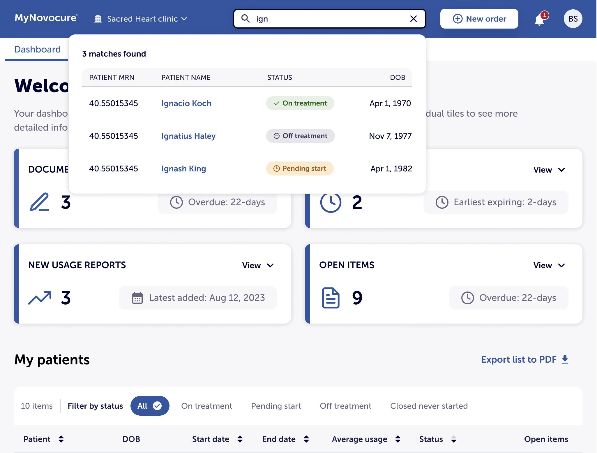 The MyNovocure HCP portal dashboard — patient search, open-item tiles and the clinic's patient list
